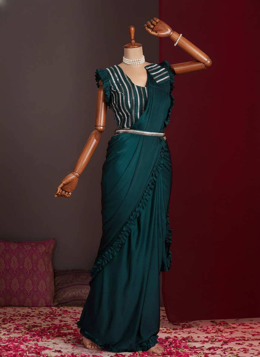 Elegant Dark Green  Ready-to-Wear Saree for Weddings | Instant Festive Drape