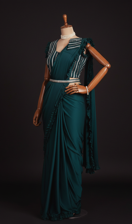 Bottle Green Ready-to-Wear Saree with Stitched Blouse