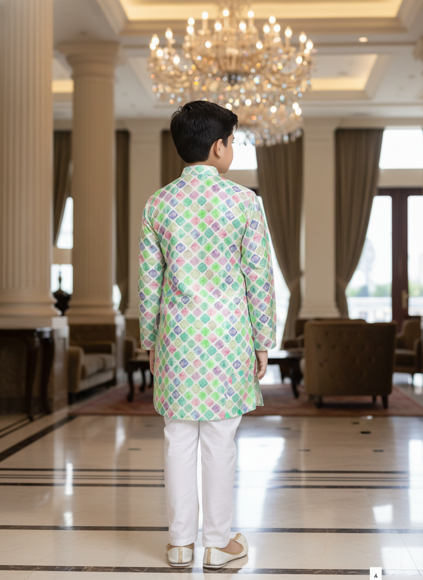Boys' Multicolored Geometric Print Kurta Pajama Set | Festive Wear |0340