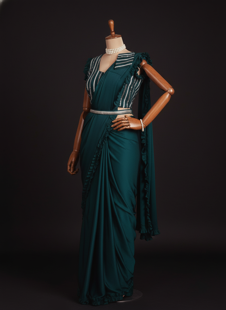 Elegant Dark Green  Ready-to-Wear Saree for Weddings | Instant Festive Drape