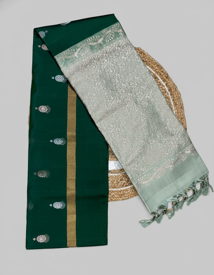 BOTLE Green Handloom Silk Saree with Zari Border|AS-002
