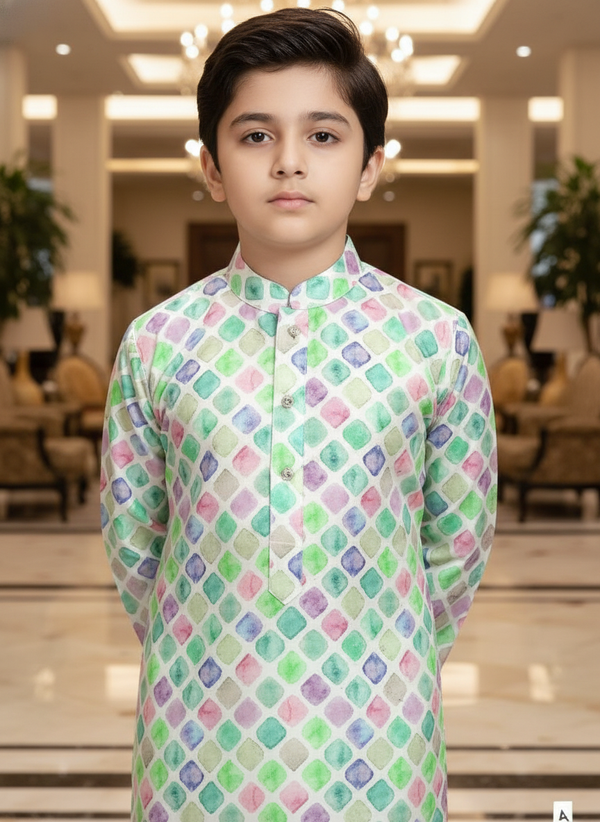 Boys' Multicolored Geometric Print Kurta Pajama Set | Festive Wear |0340