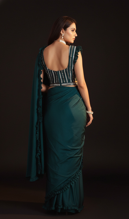 Bottle Green Ready-to-Wear Saree with Stitched Blouse
