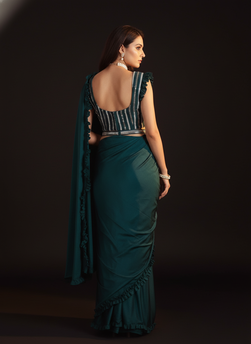 Elegant Dark Green  Ready-to-Wear Saree for Weddings | Instant Festive Drape