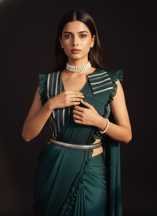Elegant Dark Green  Ready-to-Wear Saree for Weddings | Instant Festive Drape