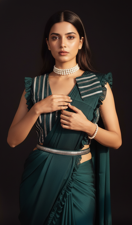 Bottle Green Ready-to-Wear Saree with Stitched Blouse