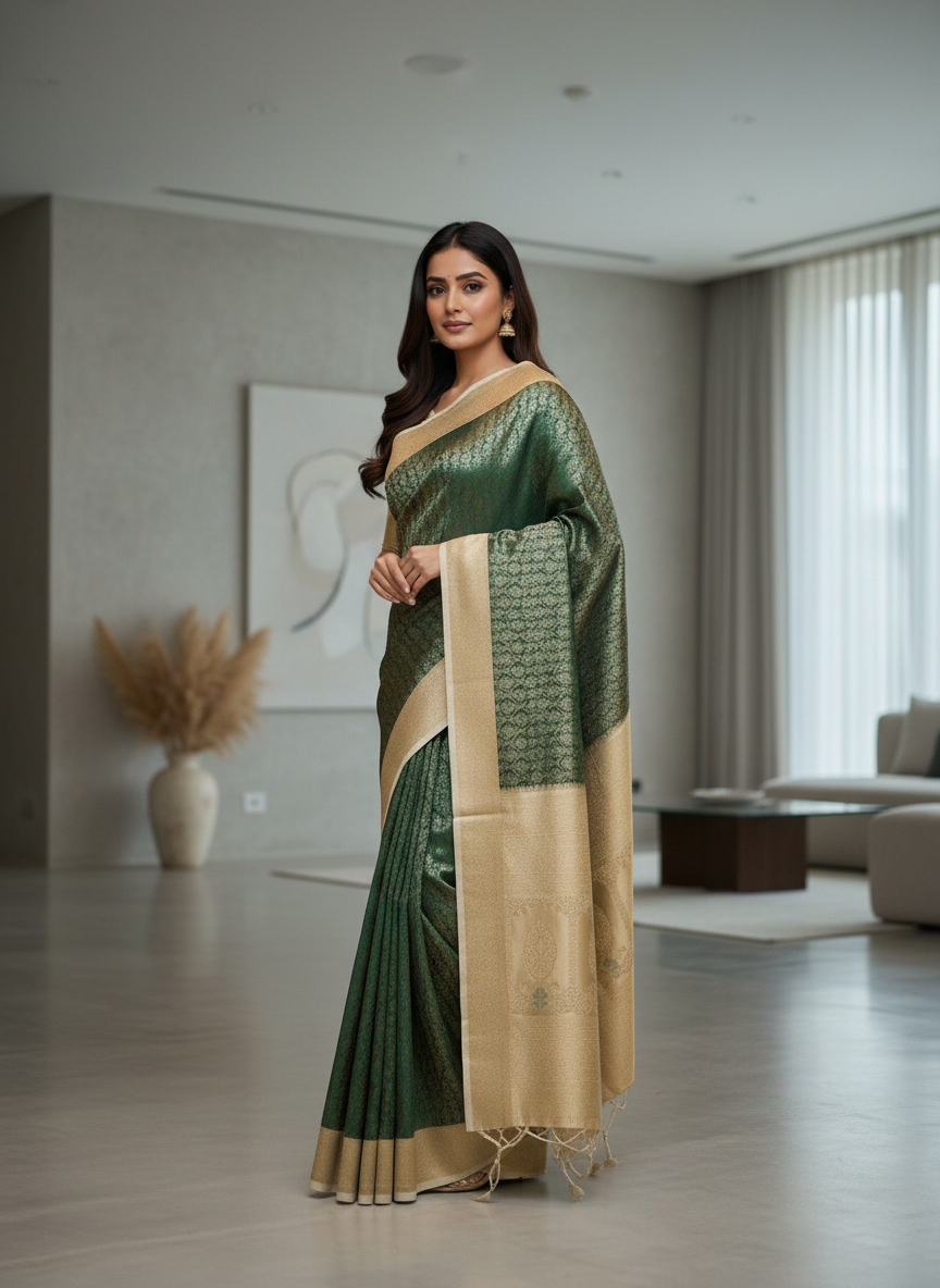 Dark green Kanchipuram Silk Saree With Butta Design| AS-00127