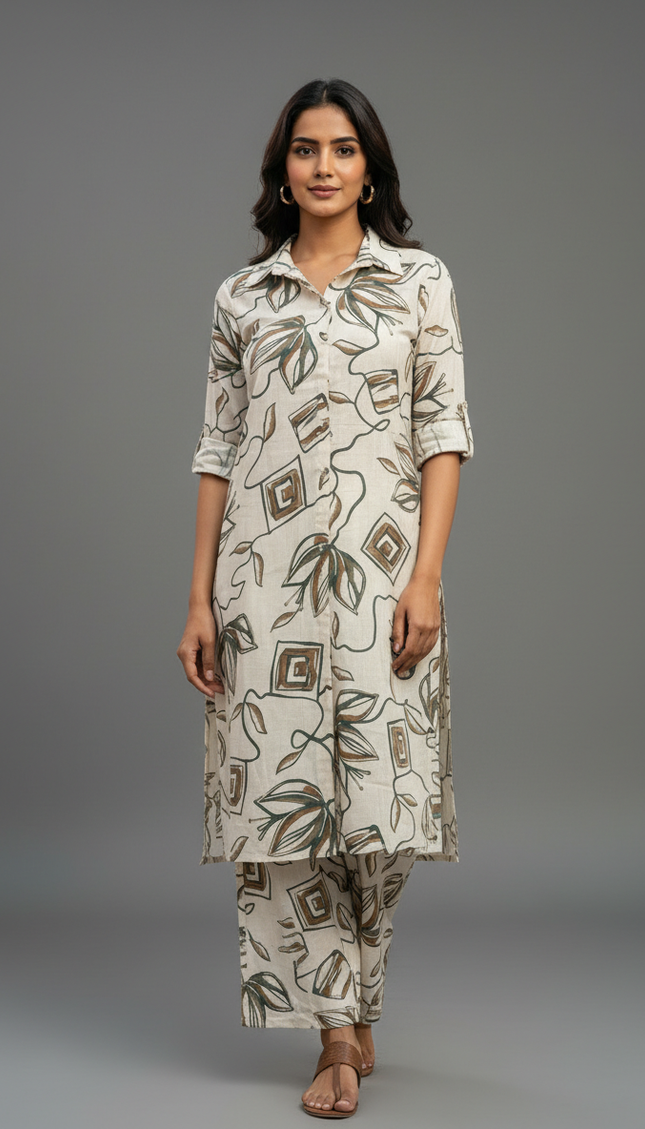Green and white  cotton Printed Co-Ord Set For Women|K5_2