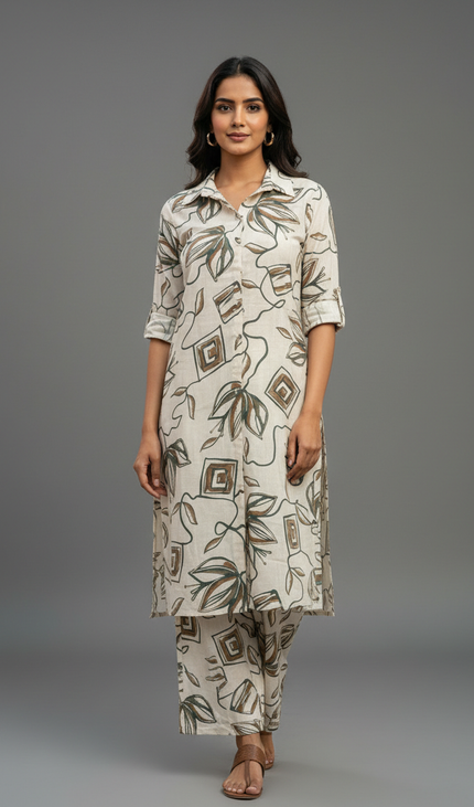 Green and white  cotton Printed Co-Ord Set For Women|K5_2