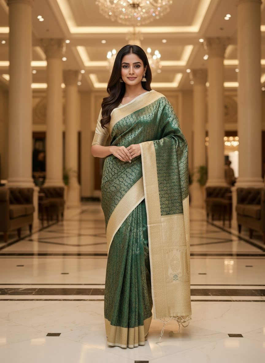 Dark green Kanchipuram Silk Saree With Butta Design| AS-00127
