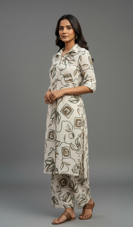 Green and white  cotton Printed Co-Ord Set For Women|K5_2