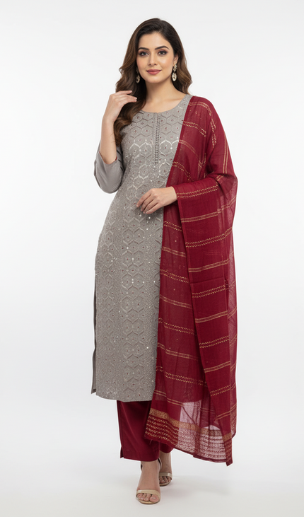 Grey Sequin & Thread Embroidered Kurta Set with Maroon Dupatta|SC18