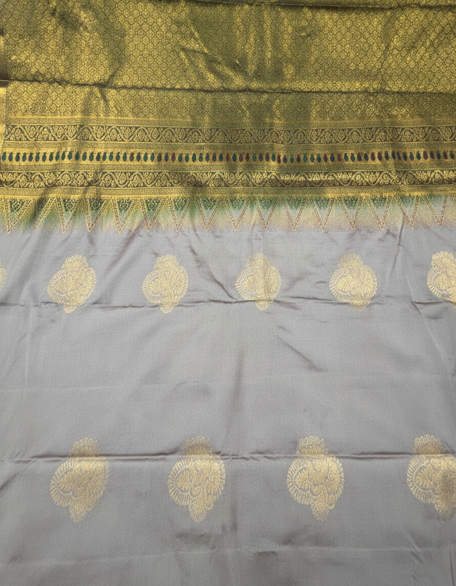 Grey Kanchipuram Semi Silk Saree With Butta Design | AS-006