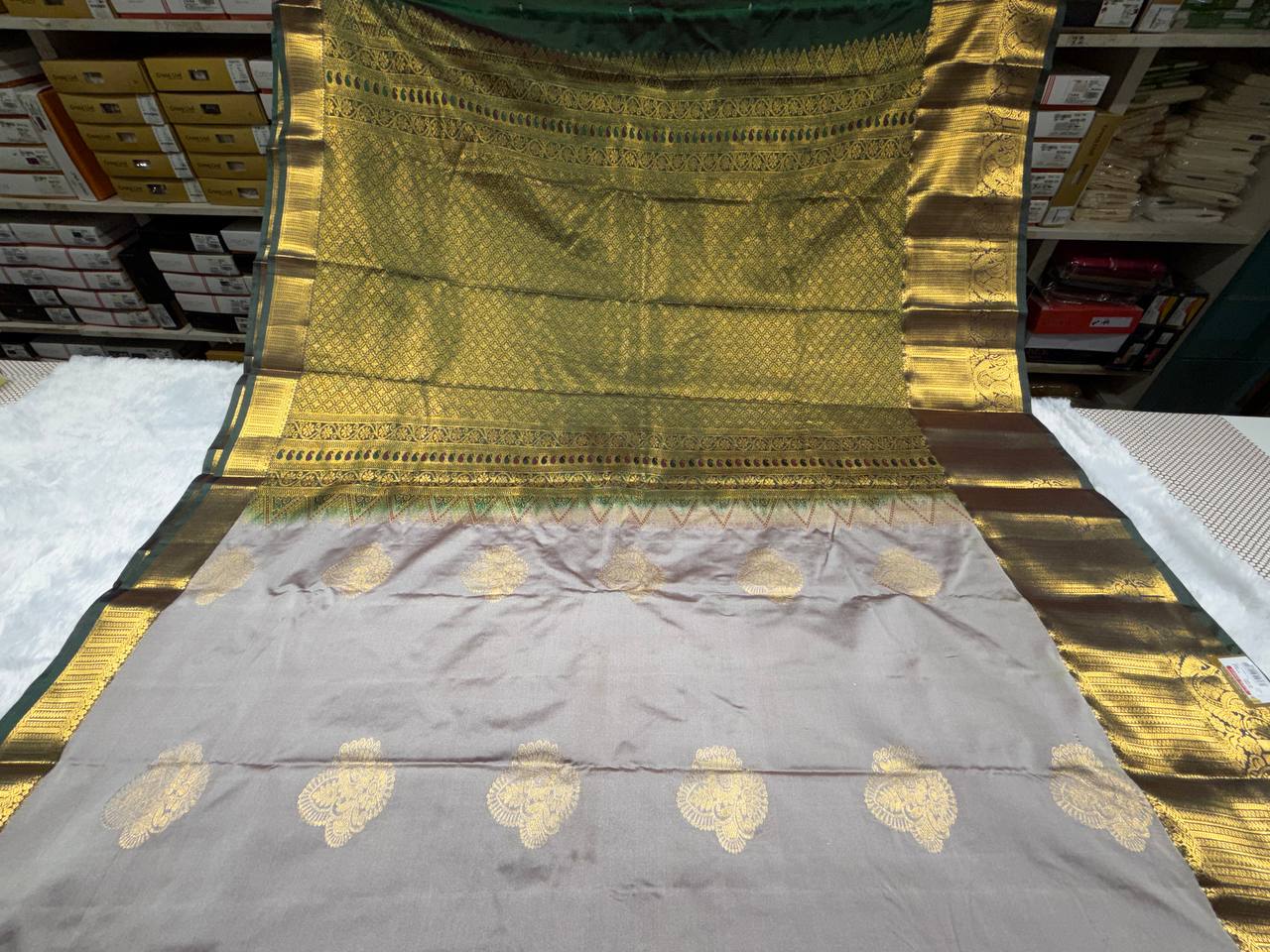 Grey Kanchipuram Semi Silk Saree With Butta Design | AS-006