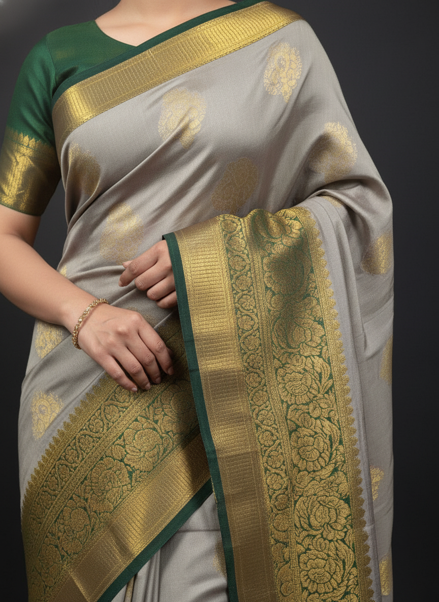 Grey Kanchipuram Semi Silk Saree With Butta Design | AS-006