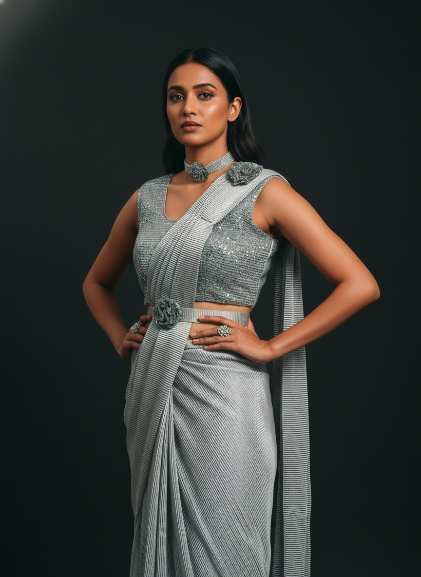 Grey Soft Silk Ready-to-Wear Saree | Pre-Draped 1-Minute Saree with Blouse