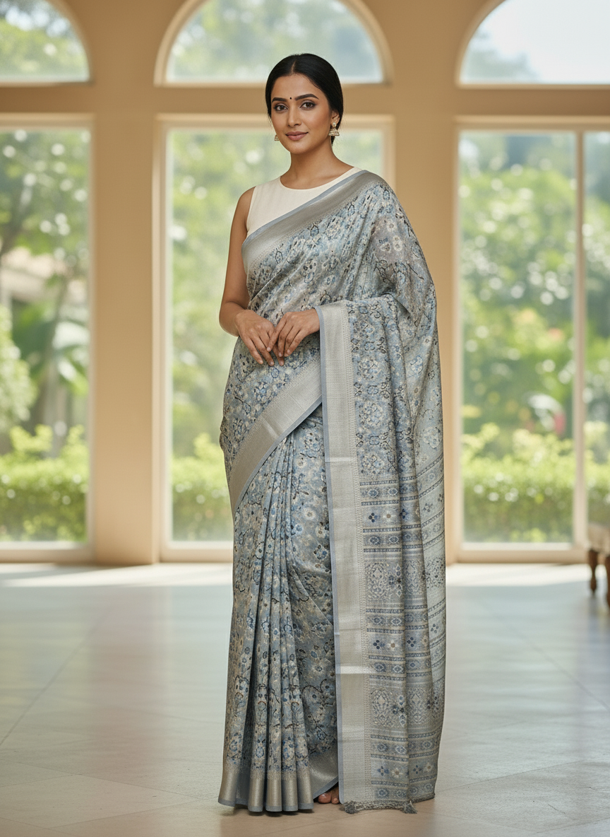 Emerald mustard Printed Soft chiffon Saree | AS-0090