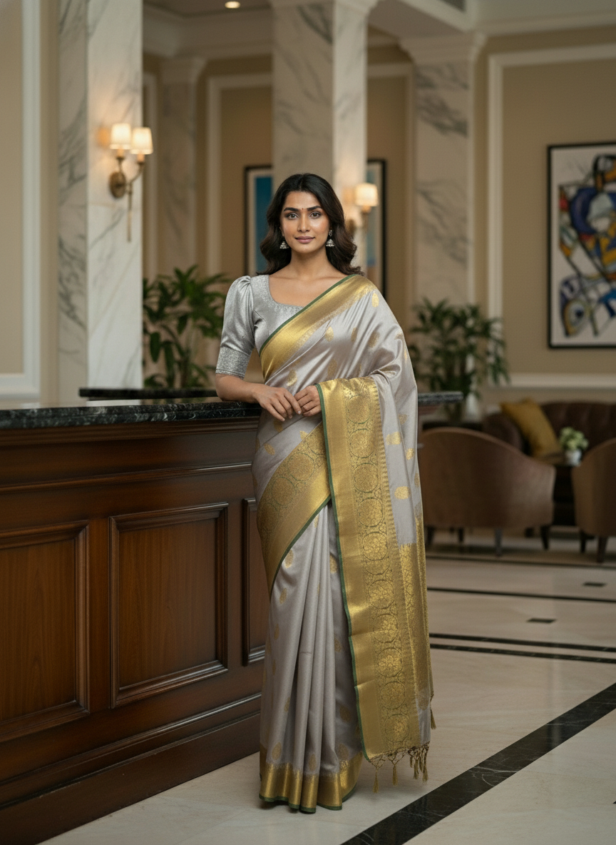 Grey Kanchipuram Semi Silk Saree With Butta Design | AS-006