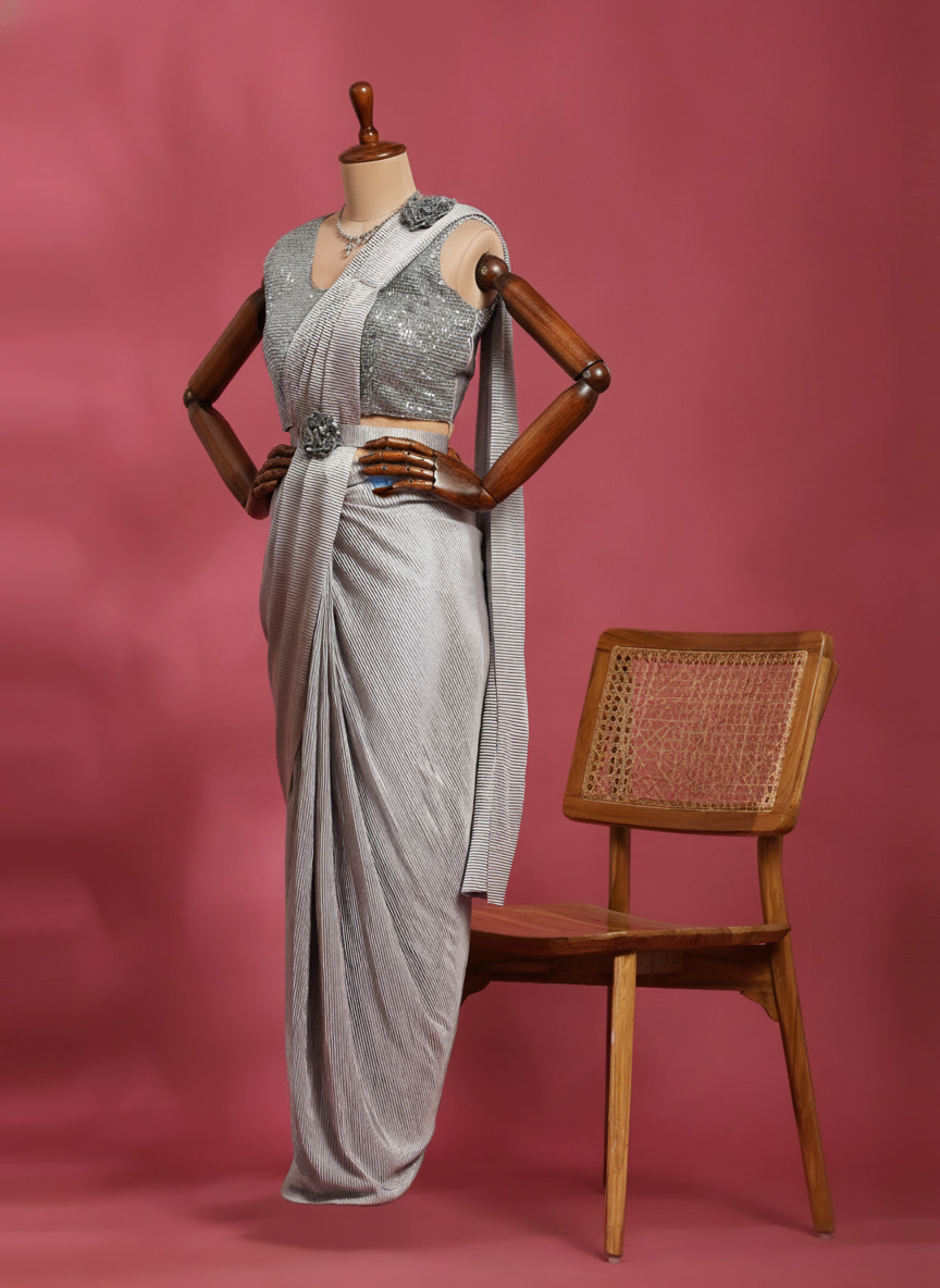 Grey Soft Silk Ready-to-Wear Saree | Pre-Draped 1-Minute Saree with Blouse