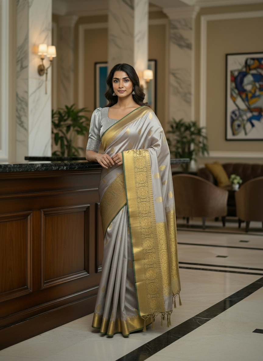 Grey Kanchipuram Semi Silk Saree With Butta Design | AS-006