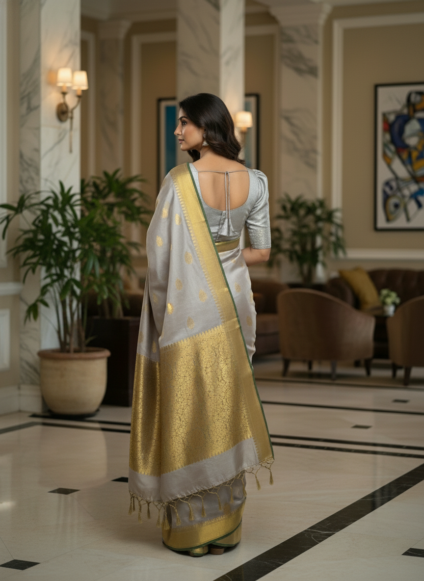 Grey Kanchipuram Semi Silk Saree With Butta Design | AS-006