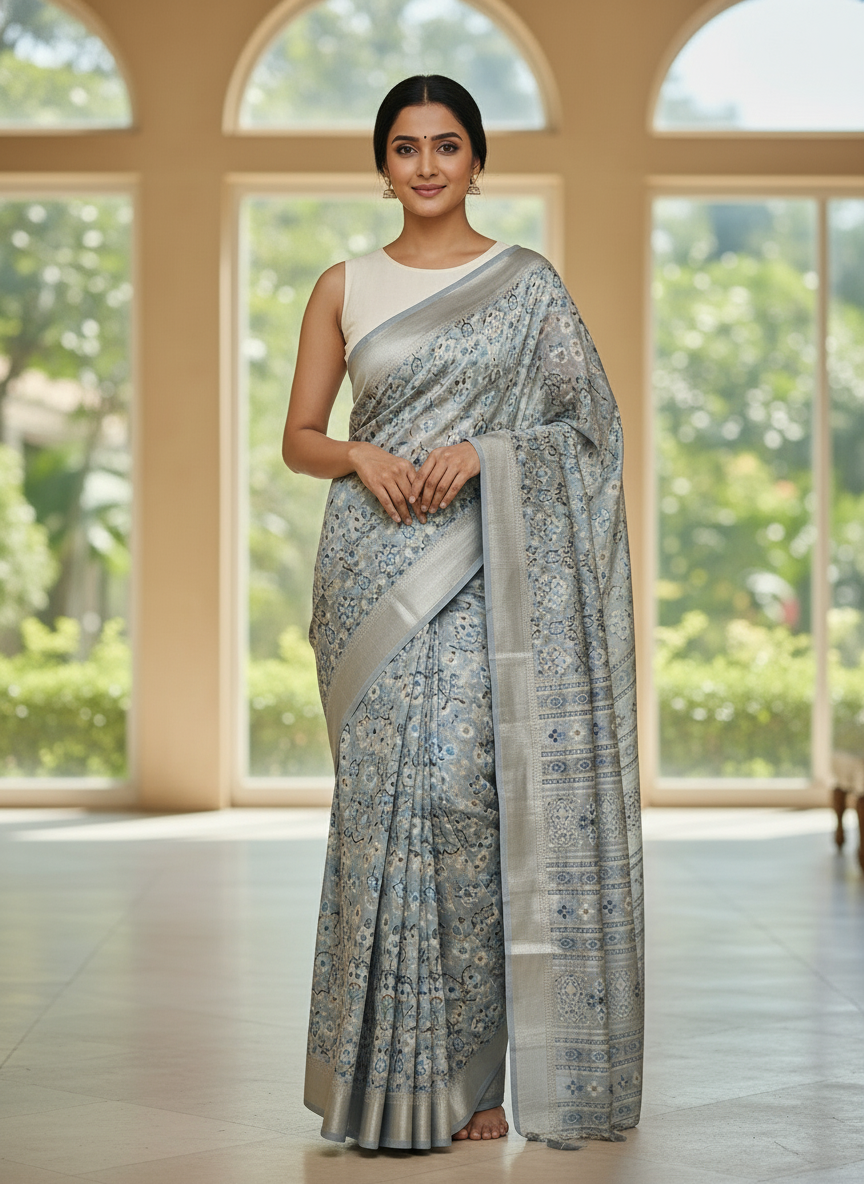 Emerald mustard Printed Soft chiffon Saree | AS-0090