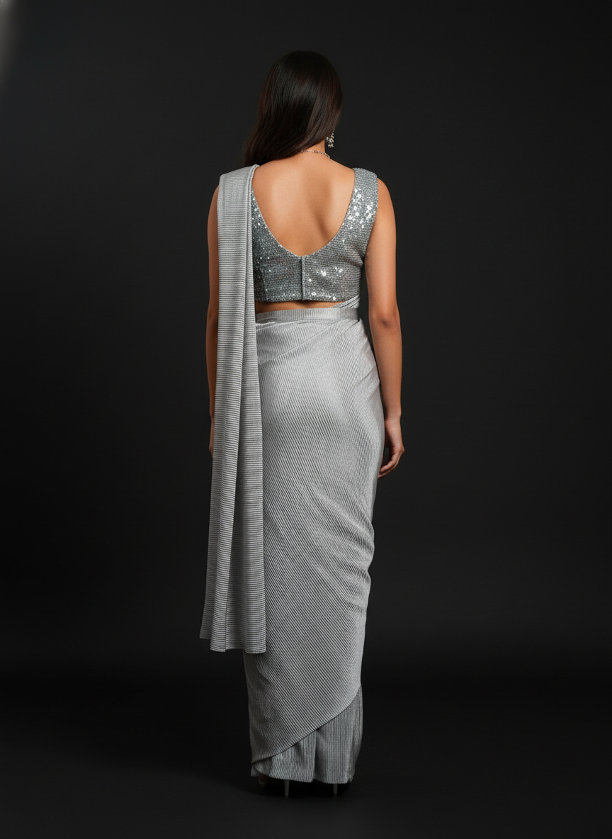 Grey Soft Silk Ready-to-Wear Saree | Pre-Draped 1-Minute Saree with Blouse