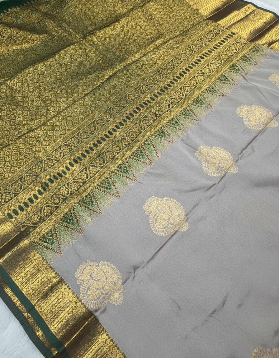 Grey Kanchipuram Semi Silk Saree With Butta Design | AS-006