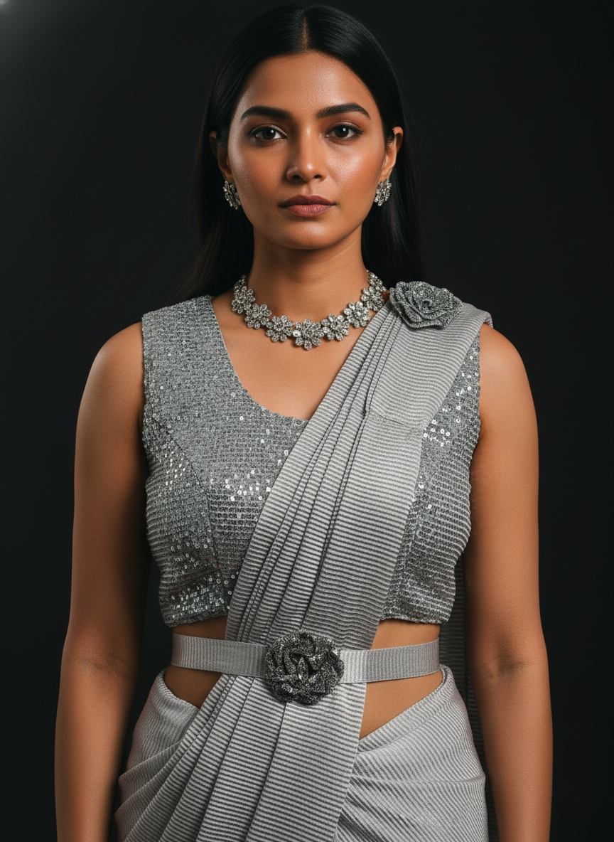 Grey Soft Silk Ready-to-Wear Saree | Pre-Draped 1-Minute Saree with Blouse