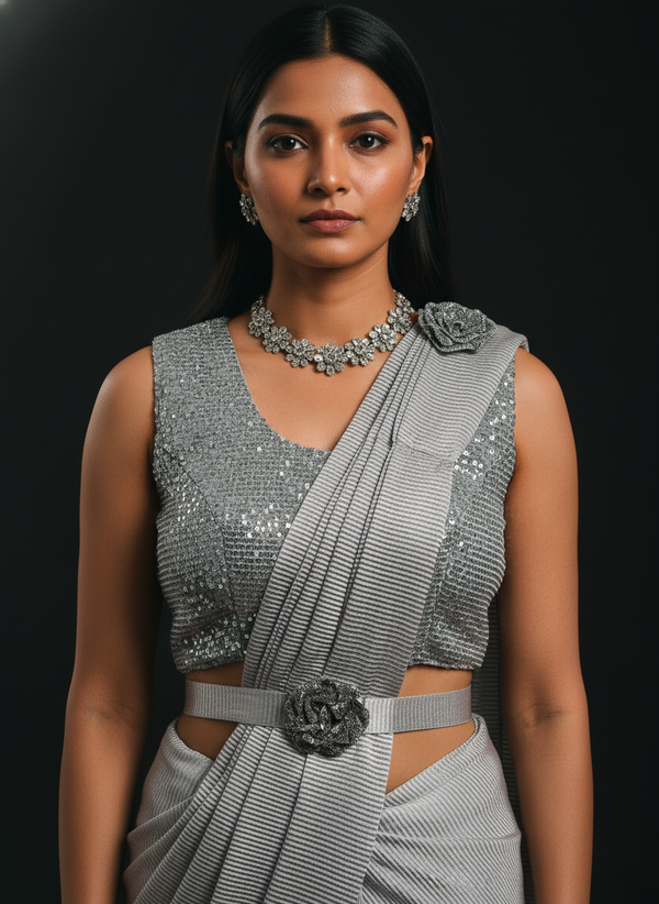 Grey Soft Silk Ready-to-Wear Saree | Pre-Draped 1-Minute Saree with Blouse