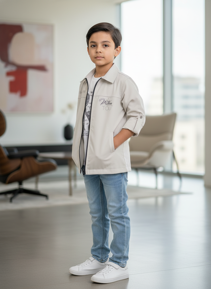 Kids Full Sleeves Cream Graphical Shirt-3312