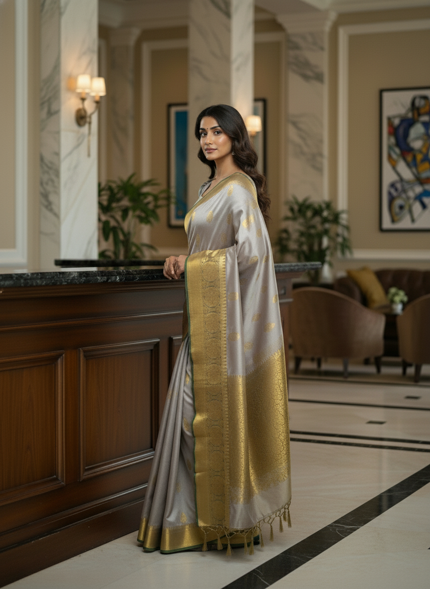 Grey Kanchipuram Semi Silk Saree With Butta Design | AS-006