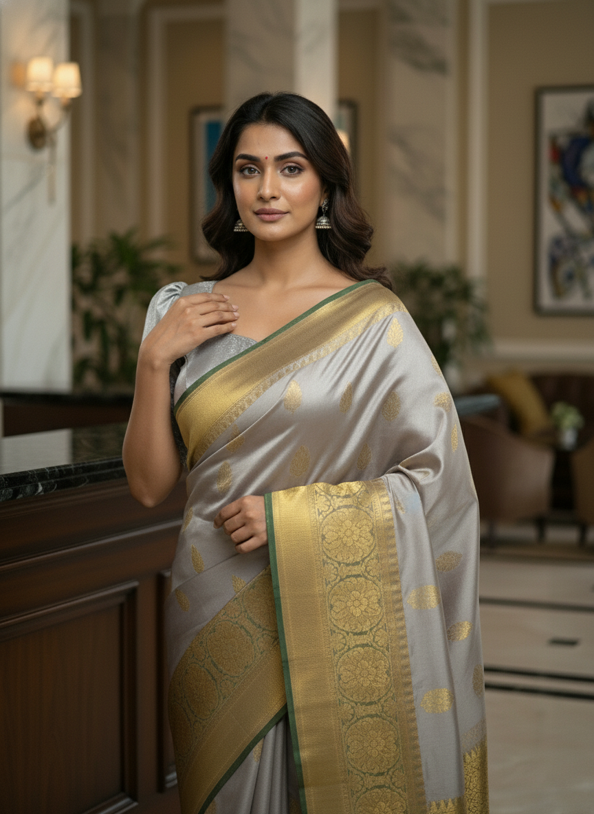 Grey Kanchipuram Semi Silk Saree With Butta Design | AS-006
