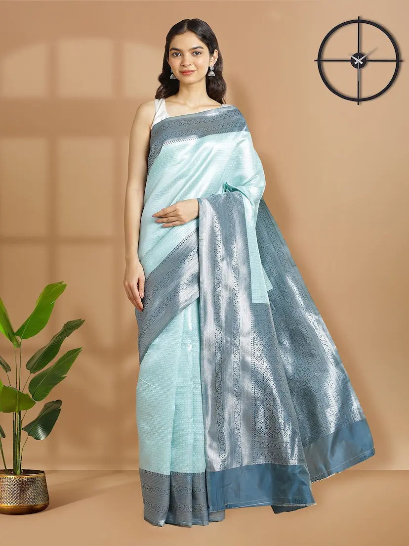 Light Aqua Green Color Silver Check Designed Art Silk Saree With Peacovk Blue Border