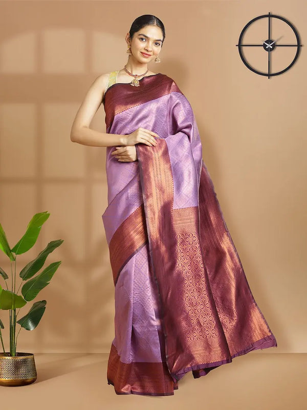 Lavender Color Copper Woven Designed Art Silk Saree With Wine Color Border