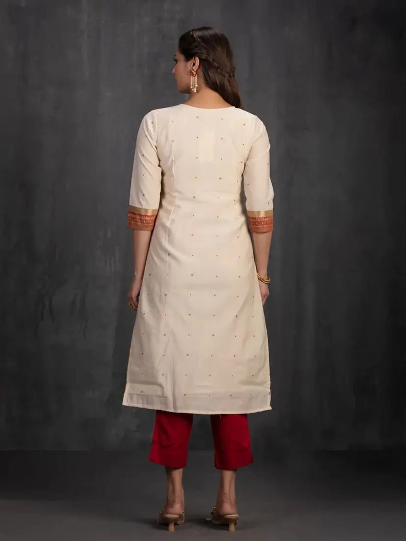 Off-White & Bottle red Kurta with Kathakali Motif and Golden Threadwork