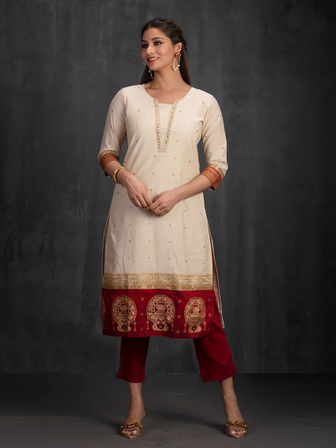 Off-White & Bottle red Kurta with Kathakali Motif and Golden Threadwork