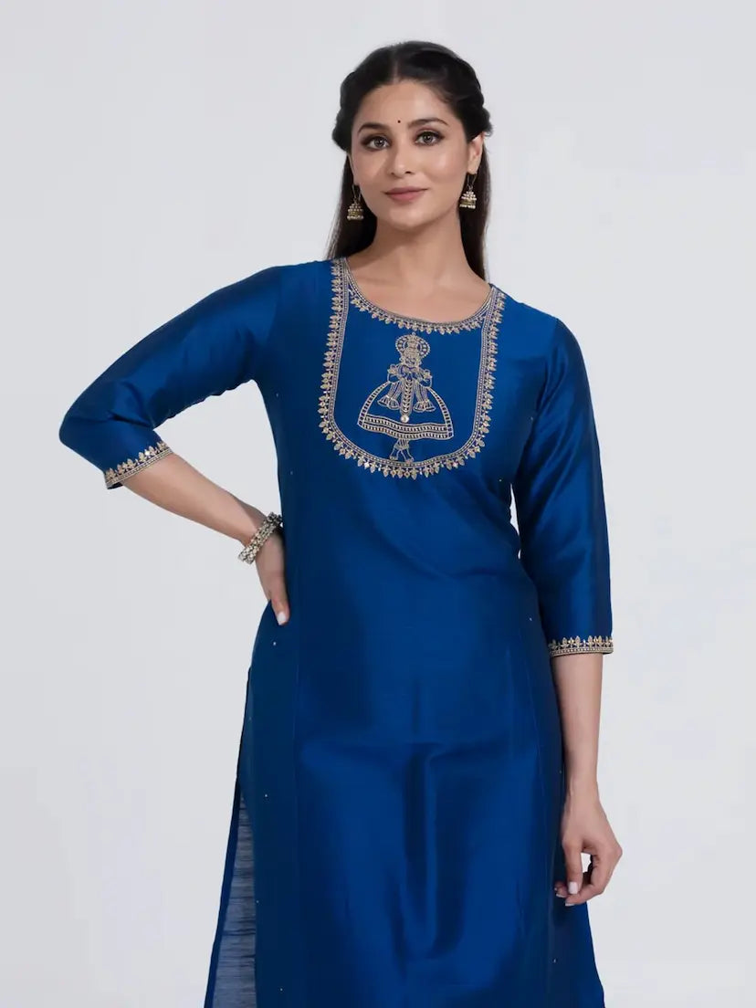 Royal Blue Straight Kurta with Kathakali Design & Foil Mirror