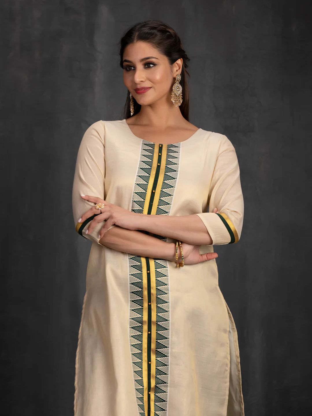 Golden Cotton Straight Kurta with Temple Embroidery