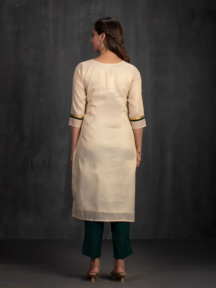 Golden Cotton Straight Kurta with Temple Embroidery