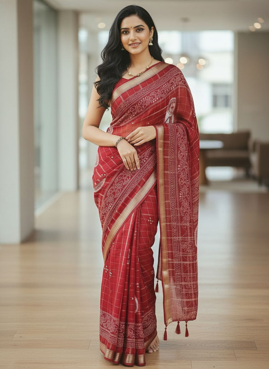 Maroon Floral Printed Chiffon Saree with Border| AS-00102