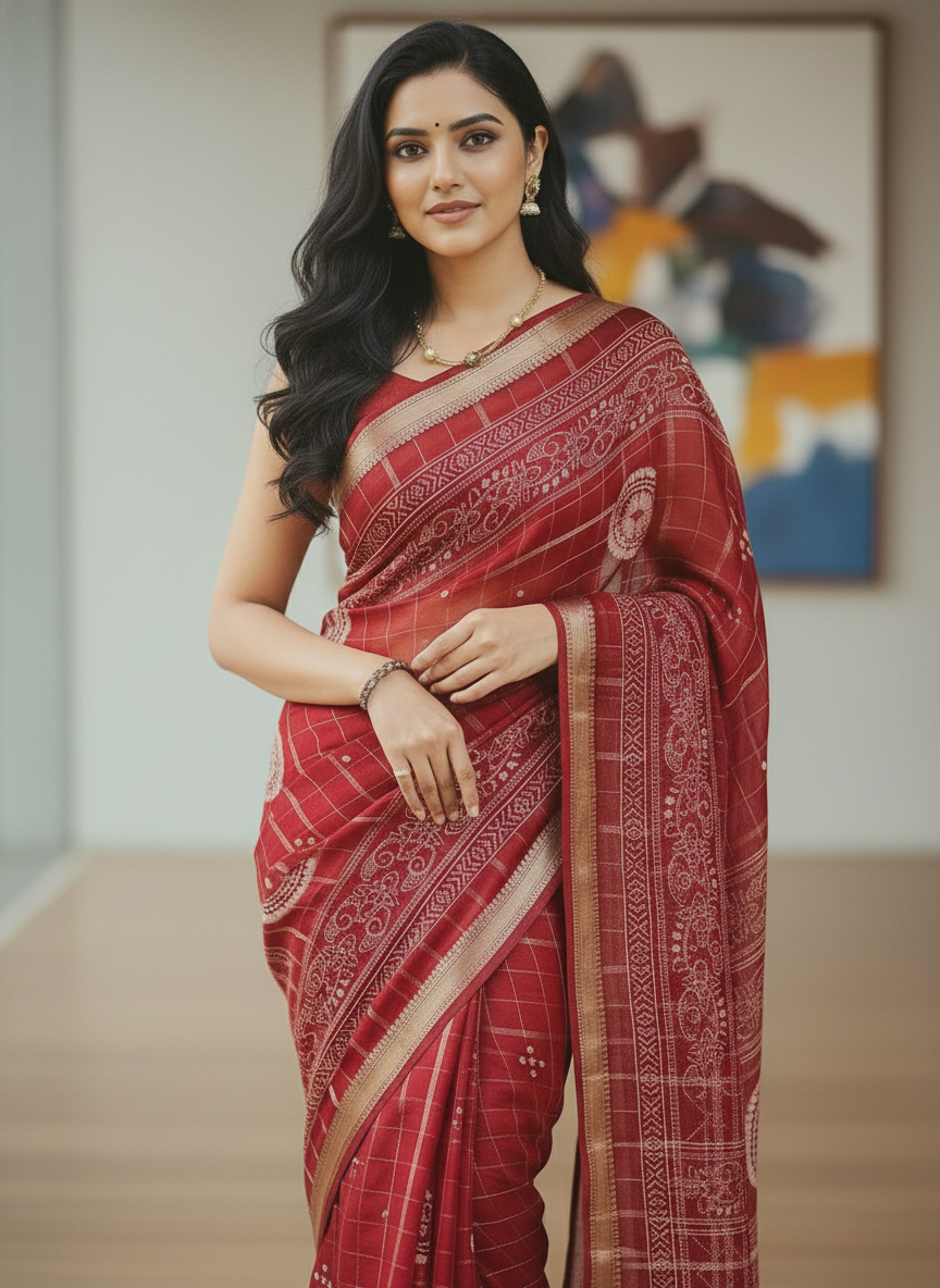 Maroon Floral Printed Chiffon Saree with Border| AS-00102