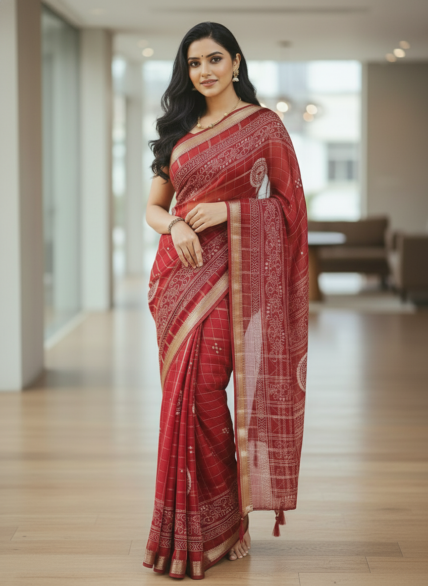 Maroon Floral Printed Chiffon Saree with Border| AS-00102