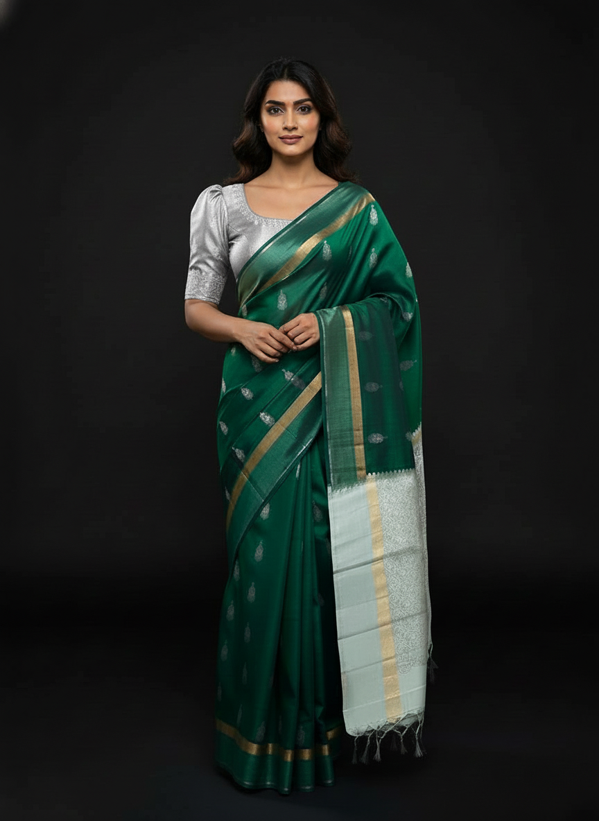 BOTLE Green Handloom Silk Saree with Zari Border|AS-002