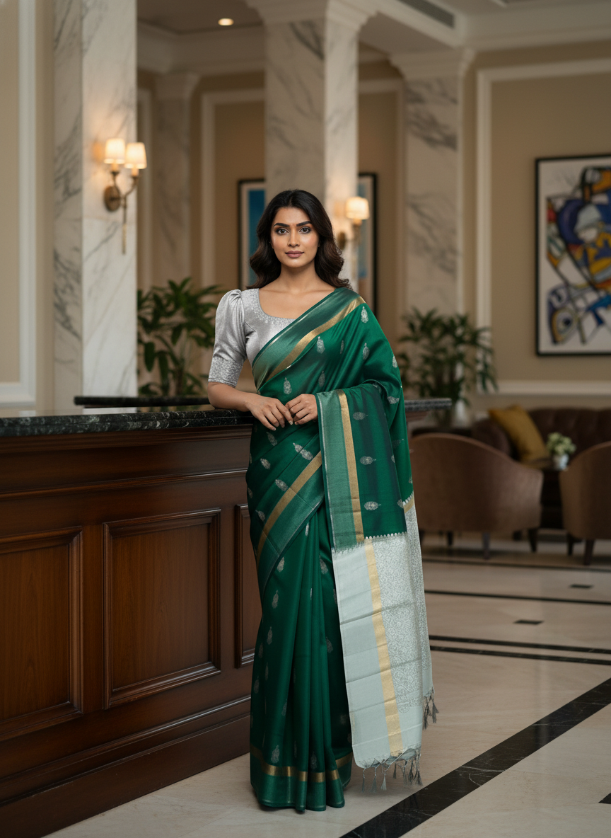 BOTLE Green Handloom Silk Saree with Zari Border|AS-002
