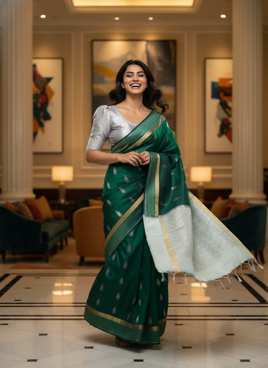 BOTLE Green Handloom Silk Saree with Zari Border|AS-002