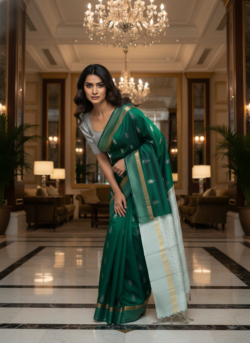 BOTLE Green Handloom Silk Saree with Zari Border|AS-002