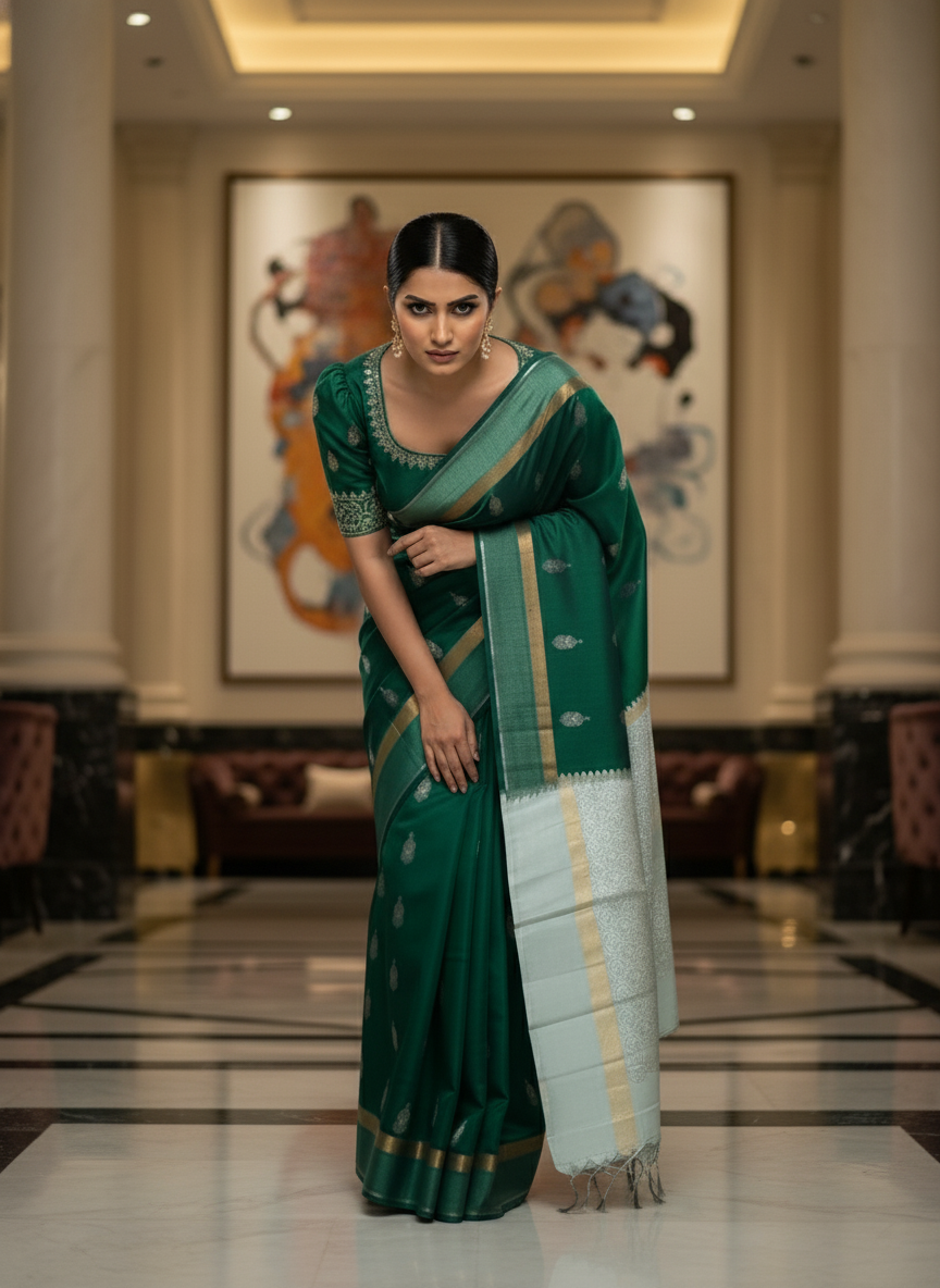 BOTLE Green Handloom Silk Saree with Zari Border|AS-002