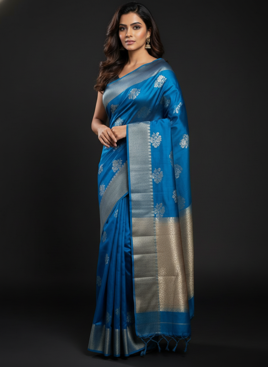 Navy Blue Handloom Silk Saree with Zari Border| AS-004