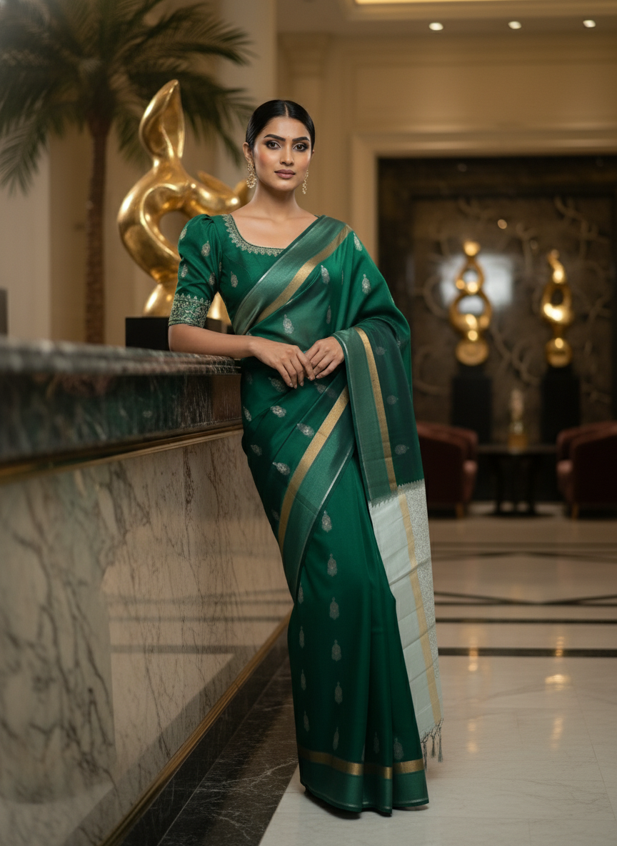 BOTLE Green Handloom Silk Saree with Zari Border|AS-002